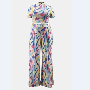 Plus Size Abstract Print Top and Wide Leg Pants Set with Pockets